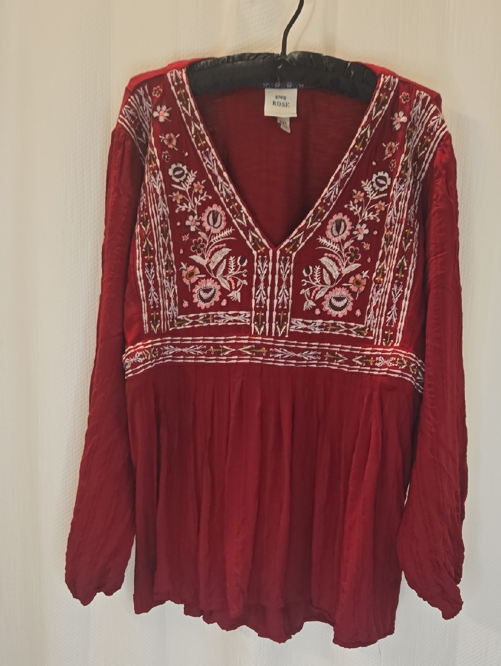 Knox Rose Embroidered V-Neck Blouse in Rich Red
